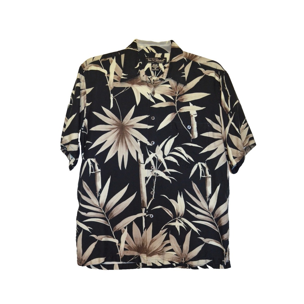 Vtg Tori Richard Hawaiian Shirt Mens M Black & Beige Palm Leaves Aloha USA Made